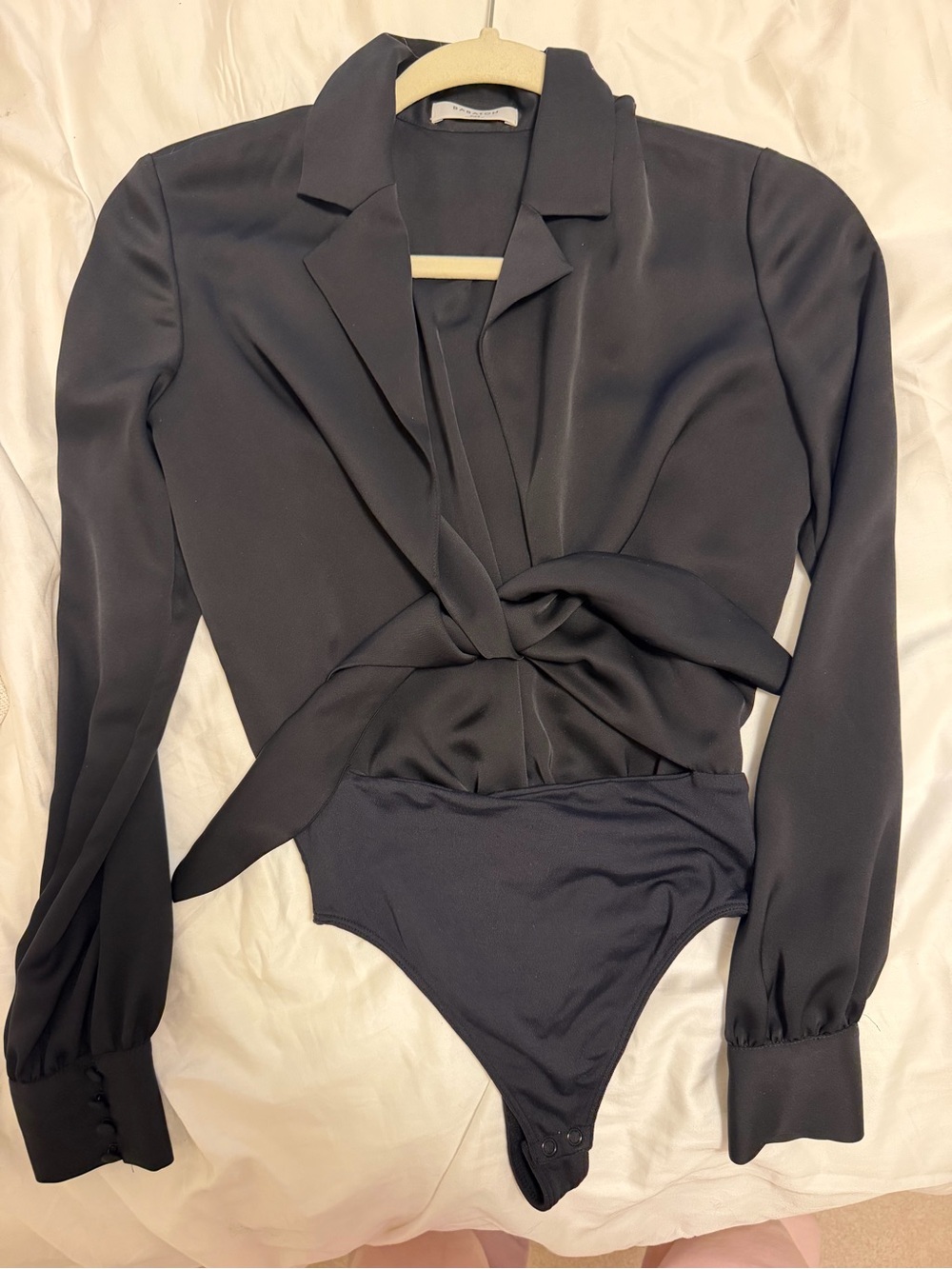 Babaton Black Satin Long-Sleeve Tie-Front Bodysuit